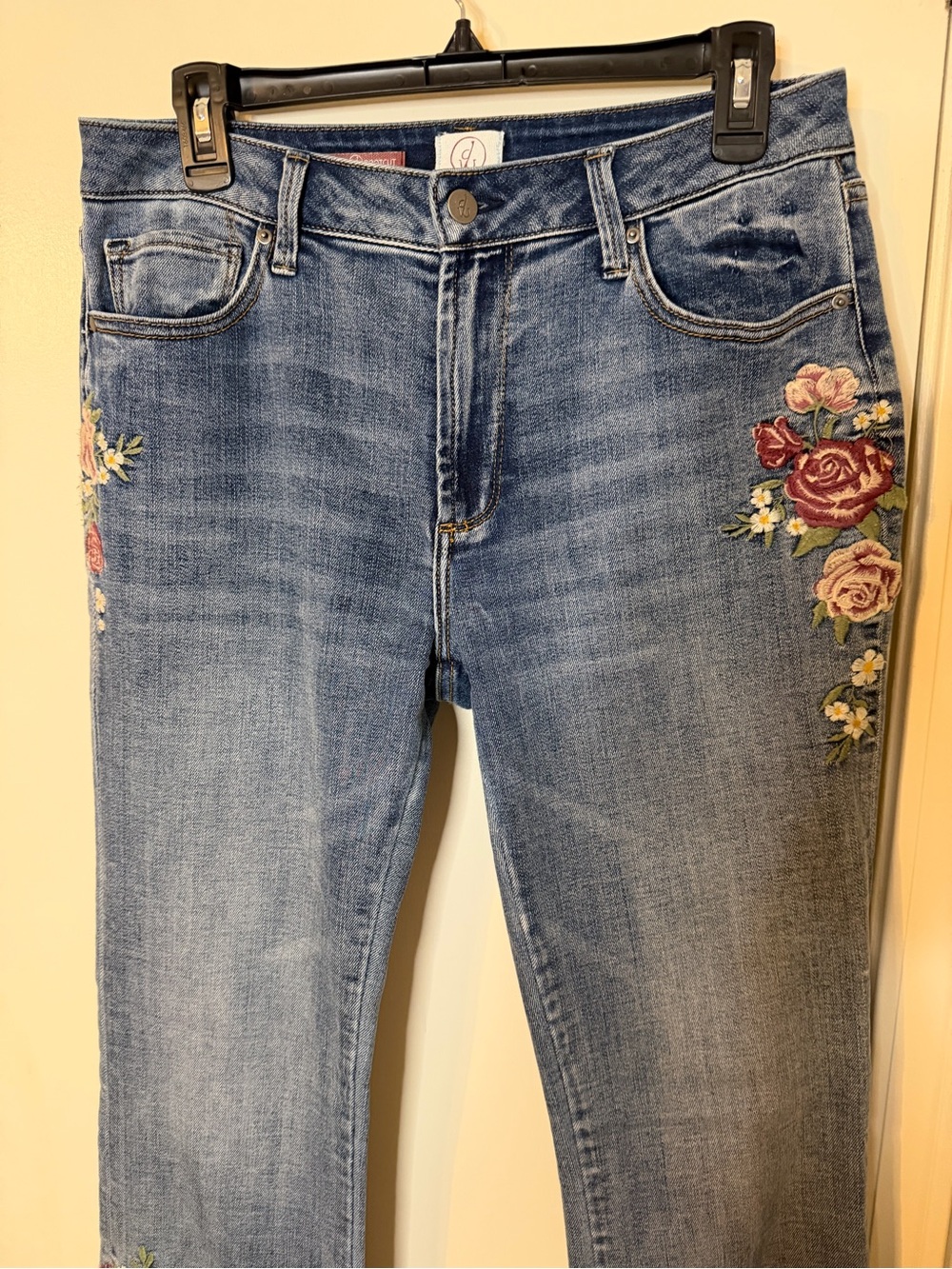 DRIFTWOOD Mid-Blue Straight-Leg Jeans with Floral Rose Embroidery - Picture 2 of 6